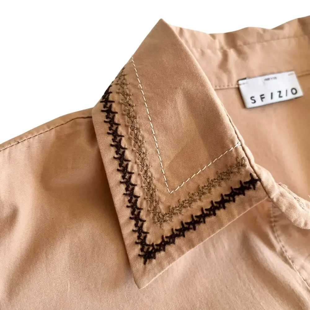 Sfizio Tan Embroidered Poplin Puff Short Sleeve A-Line Midi Shirt Dress Size 4